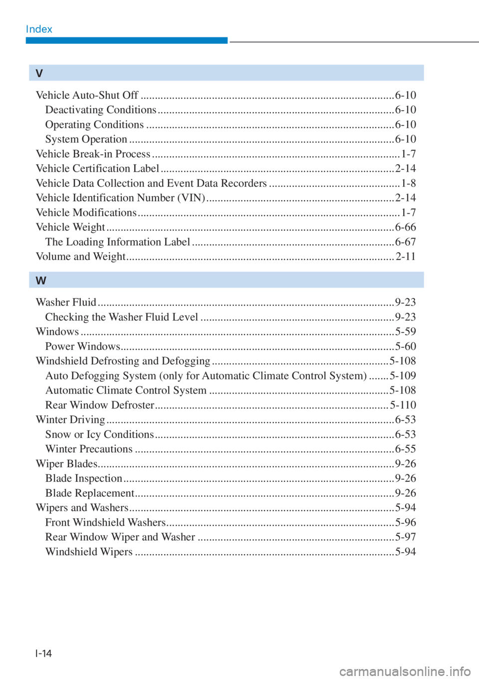 HYUNDAI SANTA FE HYBRID 2023  Owners Manual IndexI-14
V
Vehicle Auto-Shut  Off ........................................................................\
................. 6-10
 Deactivating Conditions ...........................................