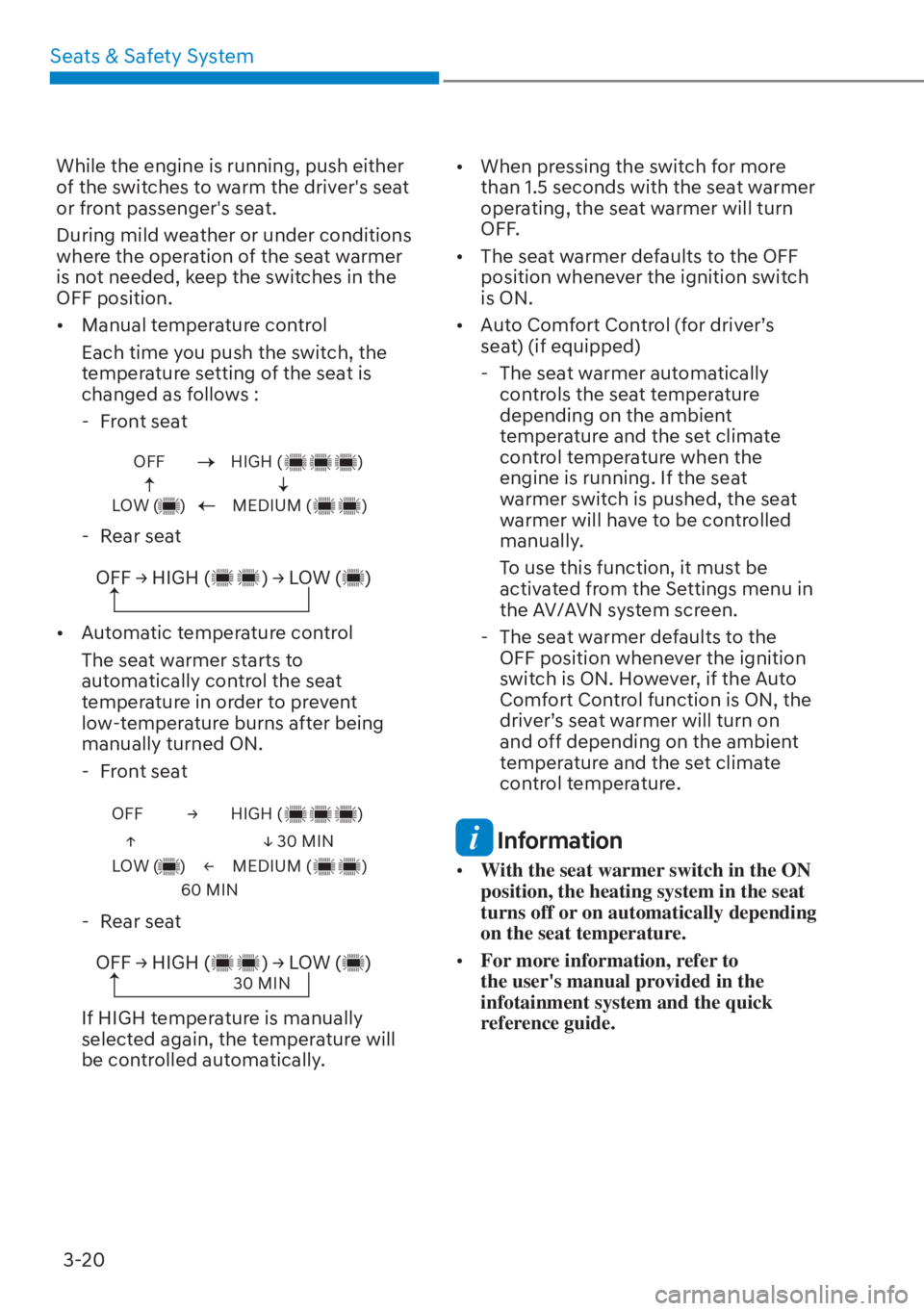 HYUNDAI SANTA FE HYBRID 2023 Repair Manual Seats & Safety System3-20
While the engine is running, push either 
of the switches to warm the drivers seat 
or front passengers seat.
During mild weather or under conditions 
where the operation o