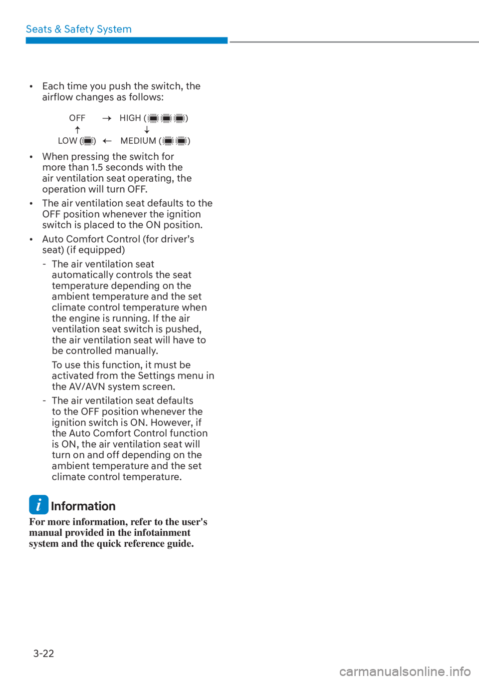 HYUNDAI SANTA FE HYBRID 2023 Repair Manual Seats & Safety System3-22
[� Each time you push the switch, the 
airflow changes as follows:
OFF
LOW (     )HIGH (                  )
MEDIUM (            )
[� When pressing the switch for 
more th