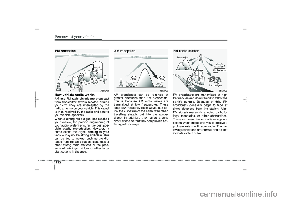 HYUNDAI SONATA HYBRID 2014  Owners Manual 
Features of your vehicle
132
4
How vehicle audio works
AM and FM radio signals are broadcast
from transmitter towers located around
your city. They are intercepted by the
radio antenna on your vehicl
