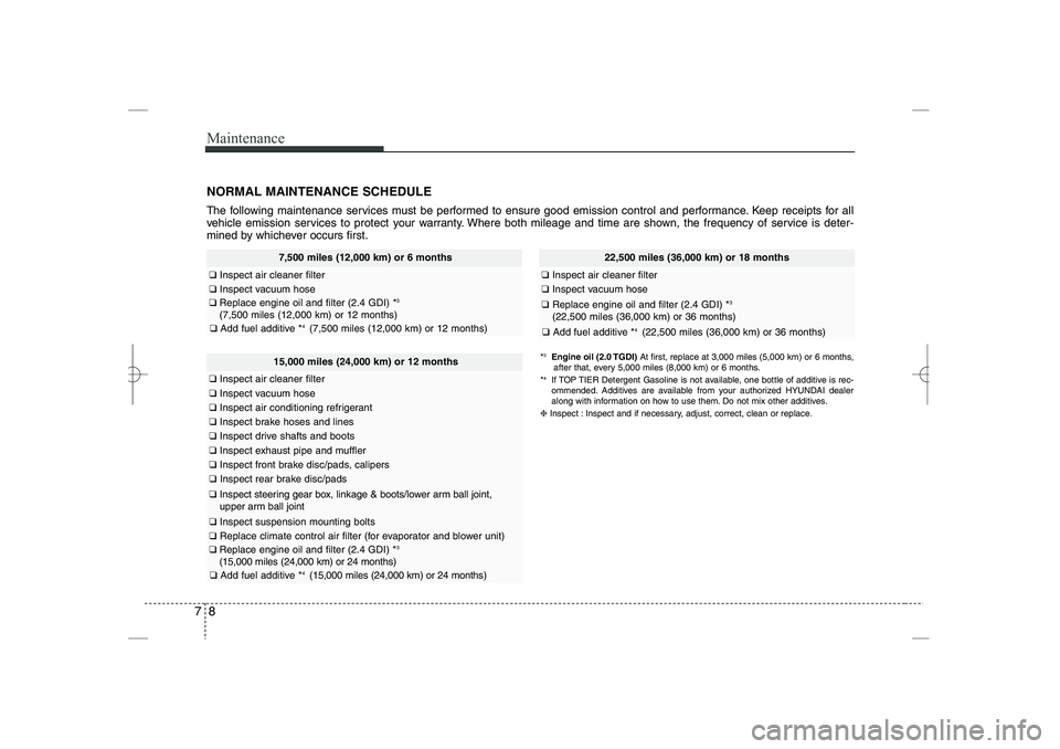 HYUNDAI SONATA HYBRID 2014  Owners Manual 
Maintenance
87
NORMAL MAINTENANCE SCHEDULE
The following maintenance services must be performed to ensure good emission control and performance. Keep receipts for all
vehicle emission services to pro