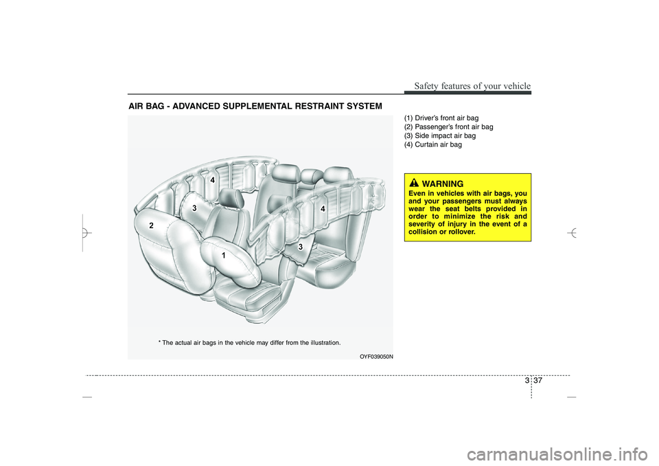 HYUNDAI SONATA HYBRID 2014 Workshop Manual
337
Safety features of your vehicle
(1) Driver’s front air bag
(2) Passenger’s front air bag
(3) Side impact air bag
(4) Curtain air bag
AIR BAG - ADVANCED SUPPLEMENTAL RESTRAINT SYSTEM
OYF03905 HYUNDAI SONATA HYBRID 2014 Workshop Manual
337
Safety features of your vehicle
(1) Driver’s front air bag
(2) Passenger’s front air bag
(3) Side impact air bag
(4) Curtain air bag
AIR BAG - ADVANCED SUPPLEMENTAL RESTRAINT SYSTEM
OYF03905