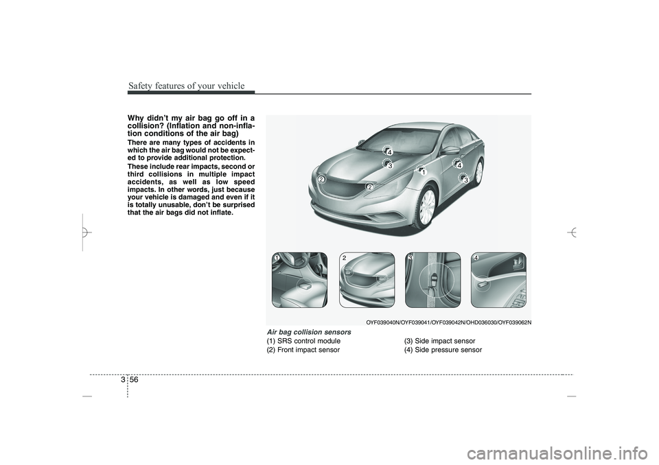 HYUNDAI SONATA HYBRID 2014 Manual PDF 
Safety features of your vehicle
56
3
Why didn’t my air bag go off in a
collision? (Inflation and non-infla-
tion conditions of the air bag)
There are many types of accidents in
which the air bag wo