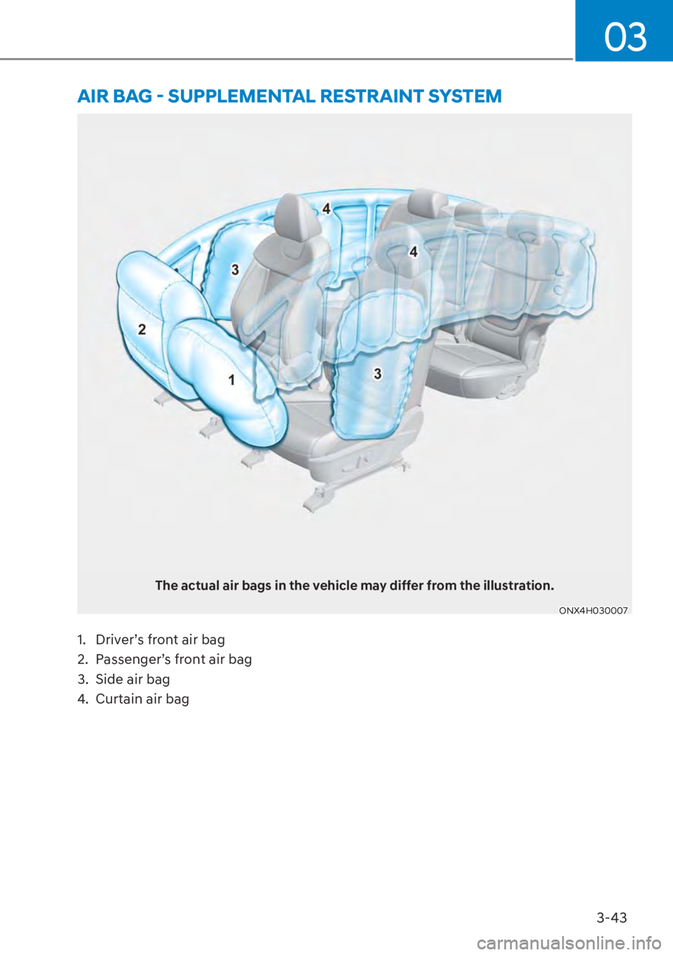 HYUNDAI TUCSON HYBRID 2023  Owners Manual 3-43
03
The actual air bags in the vehicle may differ from the illustration.
ONX4H030007
�$�,�5��%�$�*�