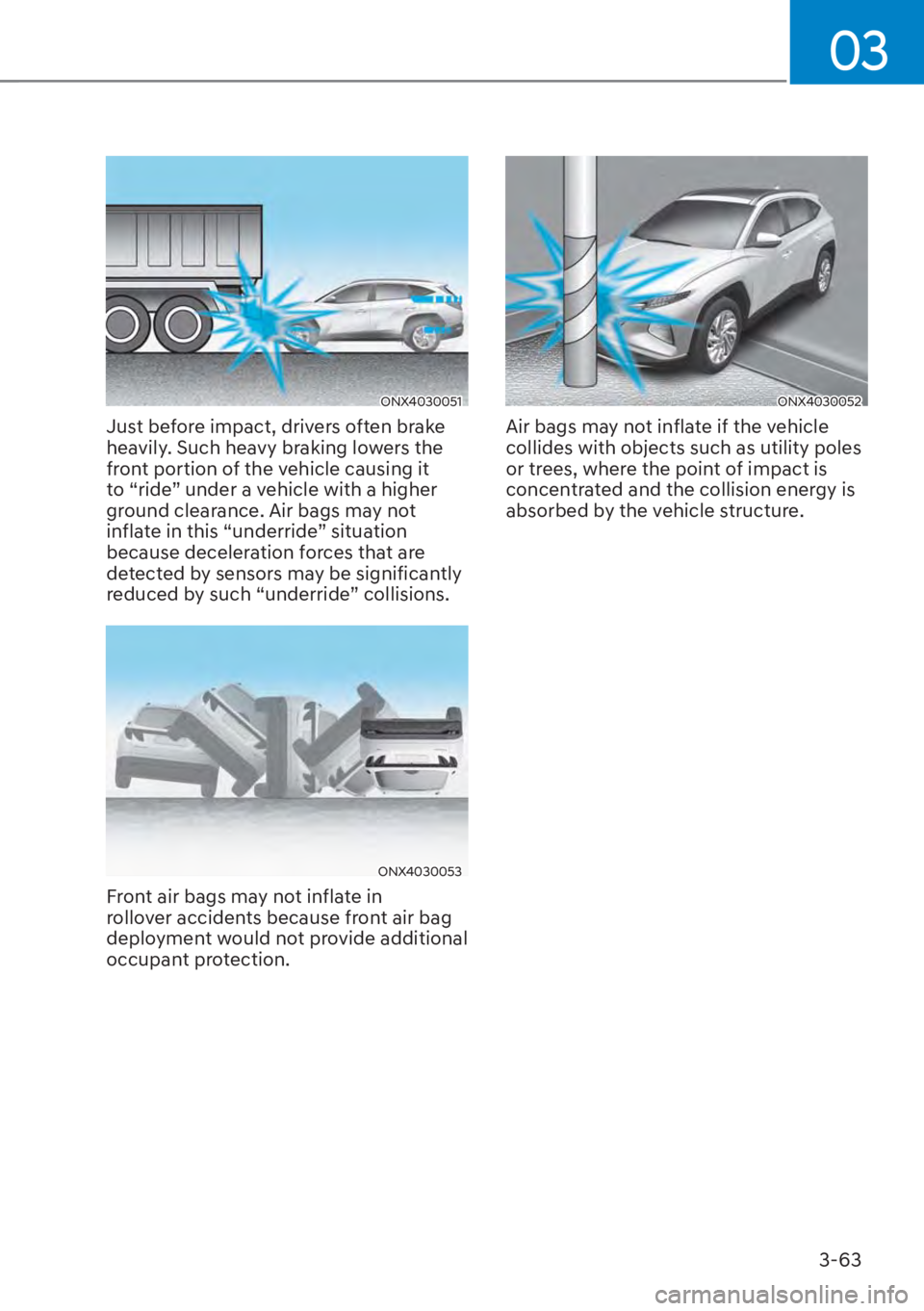 HYUNDAI TUCSON HYBRID 2023 Owners Manual 03
3-63
ONX4030051
Just before impact, drivers often brake
heavily. Such heavy braking lowers the
front portion of the vehicle causing it
to “ride” under a vehicle with a higher
ground clearan HYUNDAI TUCSON HYBRID 2023 Owners Manual 03
3-63
ONX4030051
Just before impact, drivers often brake
heavily. Such heavy braking lowers the
front portion of the vehicle causing it
to “ride” under a vehicle with a higher
ground clearan