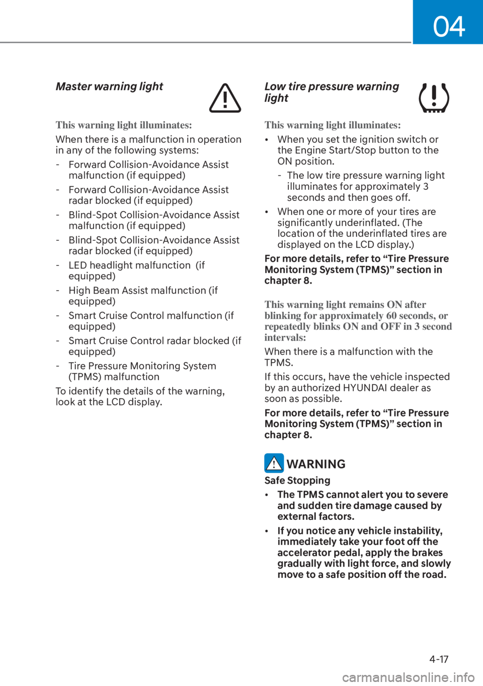 HYUNDAI TUCSON HYBRID 2023  Owners Manual 04
4-17
Master warning light
This warning light illuminates:
When there is a malfunction in operation 
in an
y of the following systems:
 - Forward Collision-Avoidance Assist  malfunction (if equipped