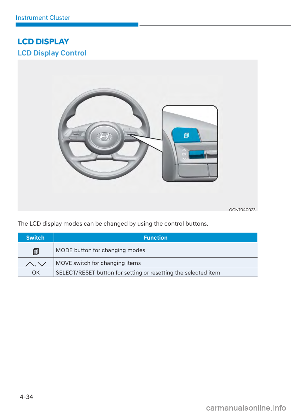HYUNDAI TUCSON HYBRID 2023  Owners Manual Instrument Cluster4-34
LCD Display Control
OCN7040023
The LCD display modes can be changed by using the control buttons.
Switch Function
MODE button for changing modes
, MOVE switch for changing items