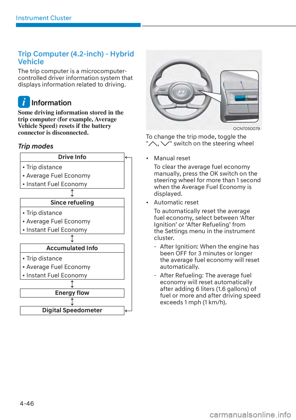 HYUNDAI TUCSON HYBRID 2023  Owners Manual Instrument Cluster4-46
Trip Computer (4.2-inch) - Hybrid 
Vehicle 
The trip computer is a microcomputer-
controlled driver information system that 
displays information related to driving.
 Informatio