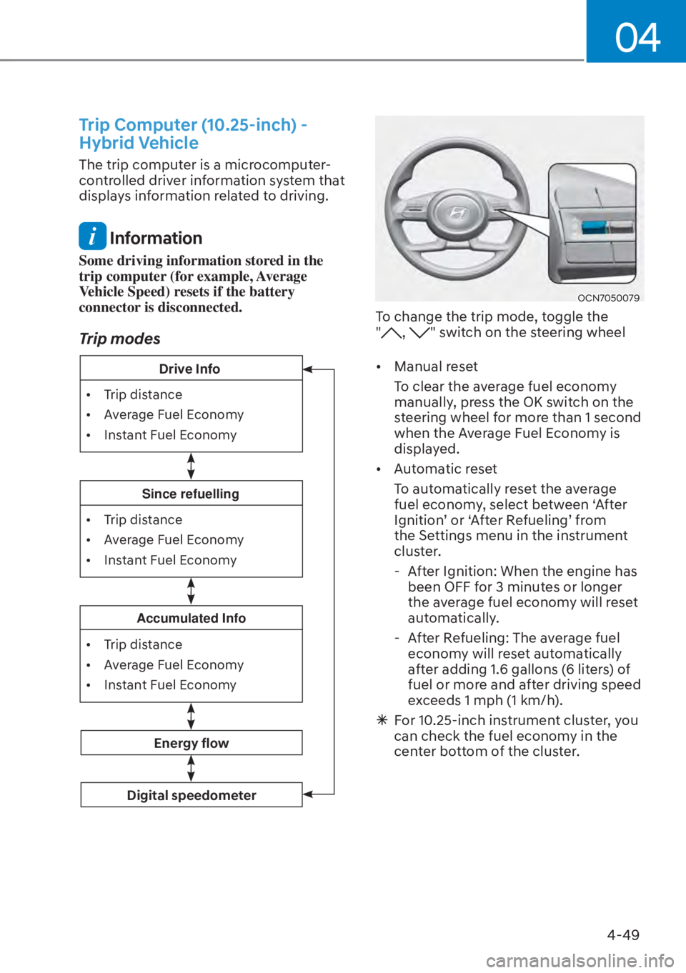 HYUNDAI TUCSON HYBRID 2023  Owners Manual 04
4-49
Trip Computer (10.25-inch) - 
Hybrid Vehicle 
The trip computer is a microcomputer-
controlled driver information system that 
displays information related to driving.
 Information
Some drivin