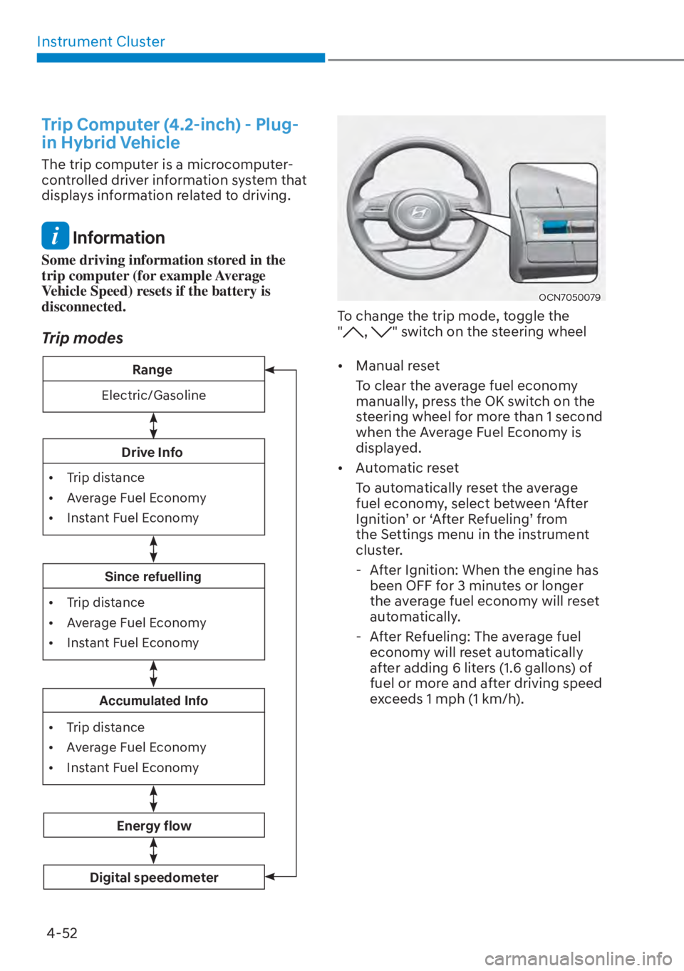 HYUNDAI TUCSON HYBRID 2023  Owners Manual Instrument Cluster4-52
Trip Computer (4.2-inch) - Plug-
in Hybrid Vehicle 
The trip computer is a microcomputer-
controlled driver information system that 
displays information related to driving.
 In