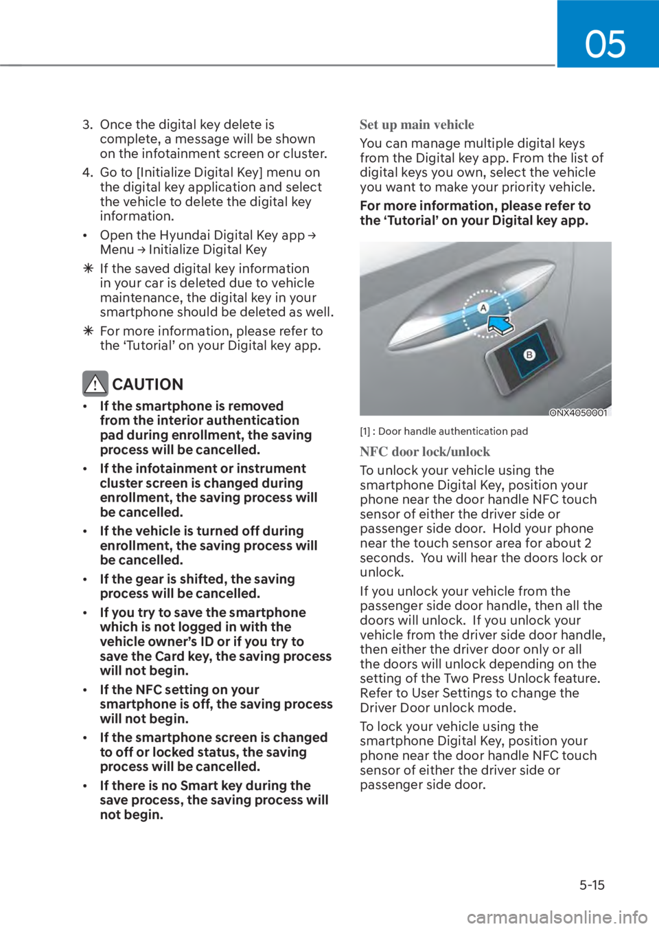 HYUNDAI TUCSON HYBRID 2023  Owners Manual 05
5-15
3.  Once the digital key delete is complete, a message will be shown 
on the infotainment screen or cluster.
4.  Go to [Initialize Digital Key] menu on  the digital key application and select 