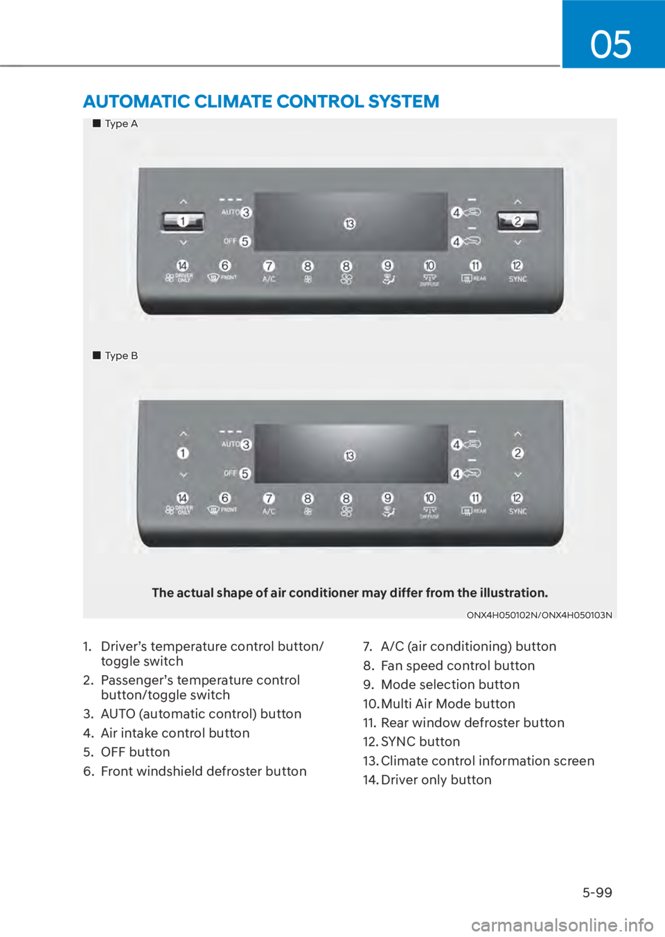 HYUNDAI TUCSON HYBRID 2023  Owners Manual 05
5-99
 AUTOMATIC CLIMATE CONTROL SYSTEM
���„�„Type AType A
���„�„Type BType B
The actual shape of air conditioner may differ from the illustration.
ONX4H050102N/ONX4H050103NONX4H050102N/