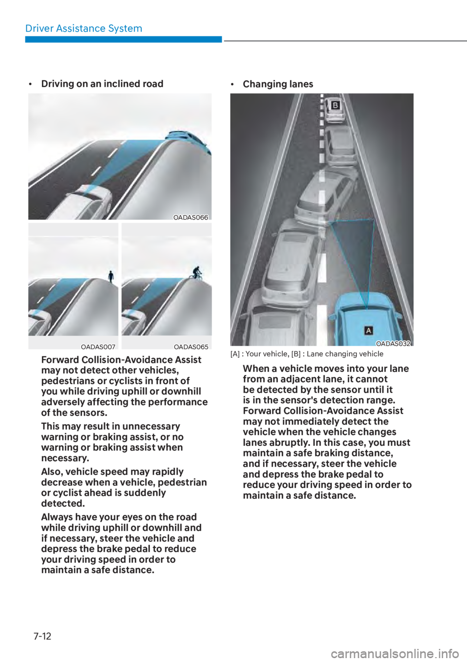 HYUNDAI TUCSON HYBRID 2023  Owners Manual Driver Assistance System7-12
•  Driving on an inclined road
OADAS066OADAS066
OADAS007OADAS007OADAS065OADAS065
Forward Collision-Avoidance Assist 
may not detect other vehicles, 
pedestrians or cycli