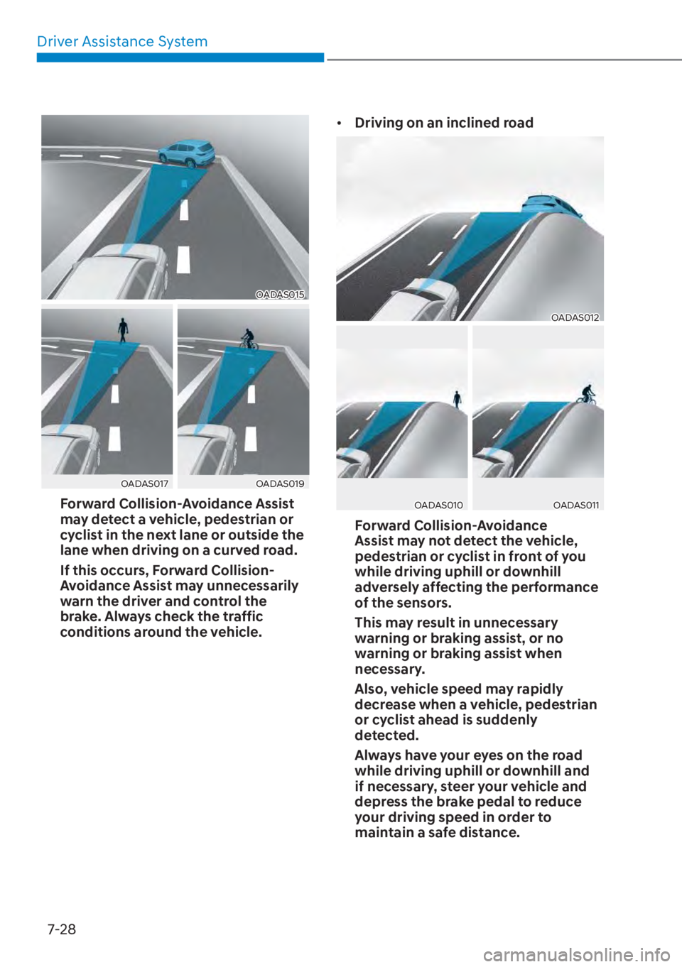 HYUNDAI TUCSON HYBRID 2023  Owners Manual Driver Assistance System7-28
OADAS015OADAS015
OADAS017OADAS017OADAS019OADAS019
Forward Collision-Avoidance Assist 
may detect a vehicle, pedestrian or 
cyclist in the next lane or outside the 
lane wh
