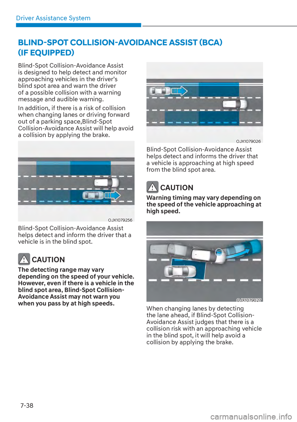 HYUNDAI TUCSON HYBRID 2023  Owners Manual Driver Assistance System7-38
BLIND-SPOT COLLISION-AVOIDANCE ASSIST (BCA) 
(IF EQUIPPED)
Blind-Spot Collision-Avoidance Assist 
is designed to help detect and monitor 
approaching vehicles in the drive