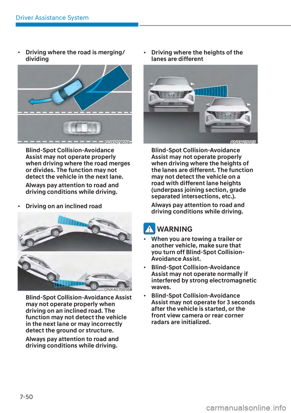 HYUNDAI TUCSON HYBRID 2023  Owners Manual Driver Assistance System7-50
•  Driving where the road is merging/
dividing
OJX1079059OJX1079059
Blind-Spot Collision-Avoidance 
Assist may not operate properly 
when driving where the road merges 
