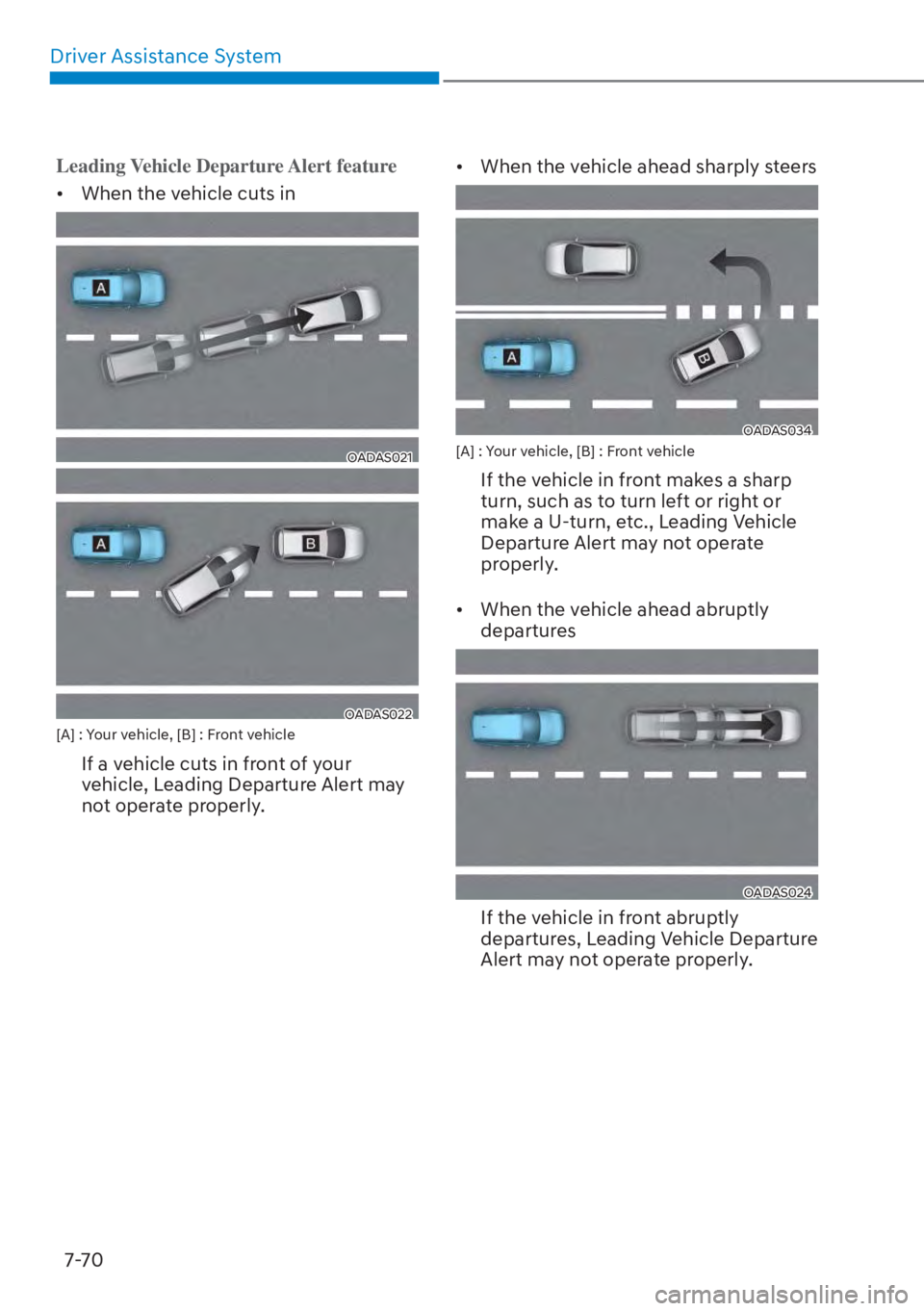 HYUNDAI TUCSON HYBRID 2023  Owners Manual Driver Assistance System7-70
Leading Vehicle Departure Alert feature
•  When the vehicle cuts in
OADAS021OADAS021
OADAS022OADAS022[A] : Your vehicle, [B] : Front vehicle
If a vehicle cuts in front o