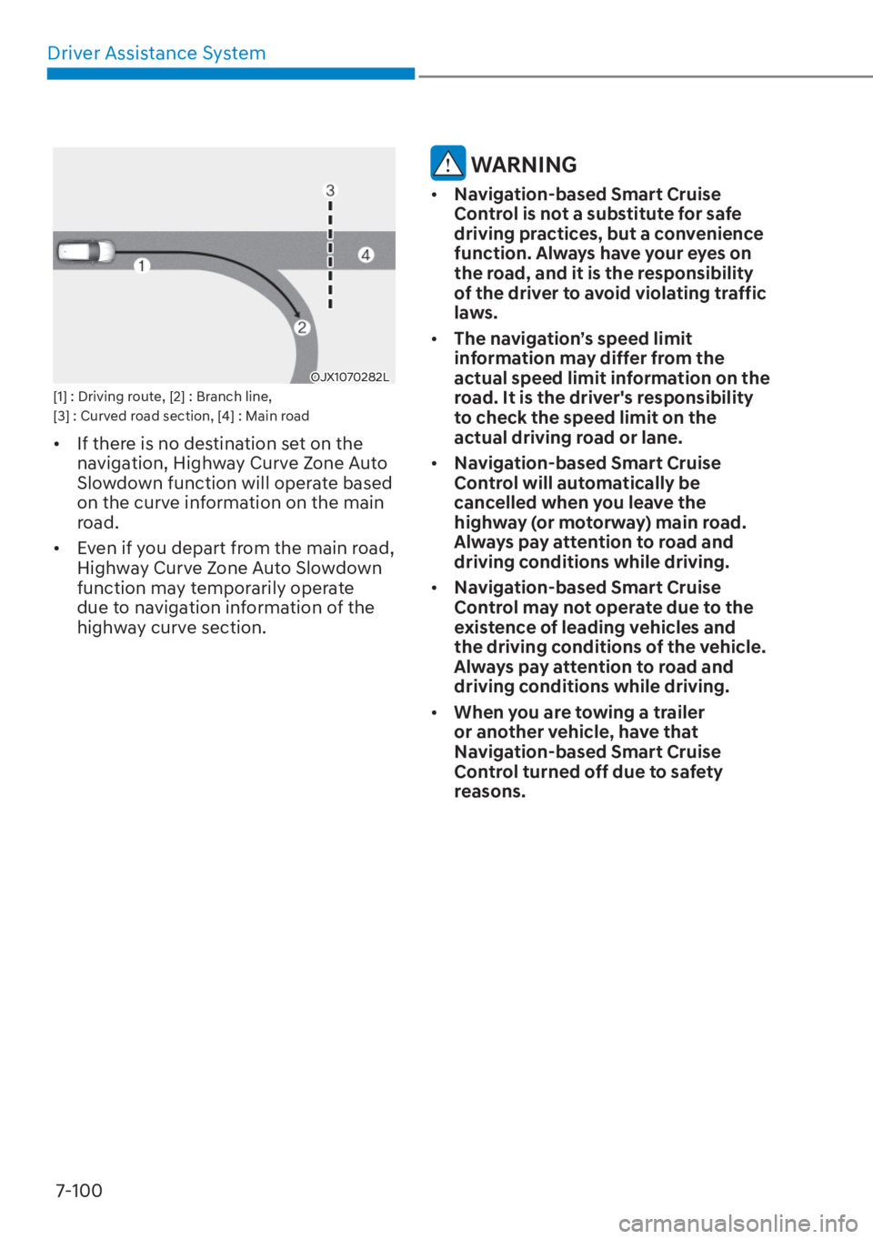 HYUNDAI TUCSON HYBRID 2023  Owners Manual Driver Assistance System7-100
OJX1070282LOJX1070282L[1] : Driving route, [2] : Branch line, 
[3] : Curved road section, [4] : Main road
•  If there is no destination set on the  navigation, Highway 