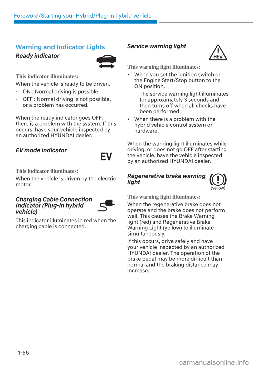 HYUNDAI TUCSON HYBRID 2023 Repair Manual Foreword/Starting your Hybrid/Plug-in hybrid vehicle1-56
Warning and Indicator Lights
Ready indicator
This indicator illuminates:
When the vehicle is ready to be driven. -
ON : Normal driving is poss HYUNDAI TUCSON HYBRID 2023 Repair Manual Foreword/Starting your Hybrid/Plug-in hybrid vehicle1-56
Warning and Indicator Lights
Ready indicator
This indicator illuminates:
When the vehicle is ready to be driven. -
ON : Normal driving is poss