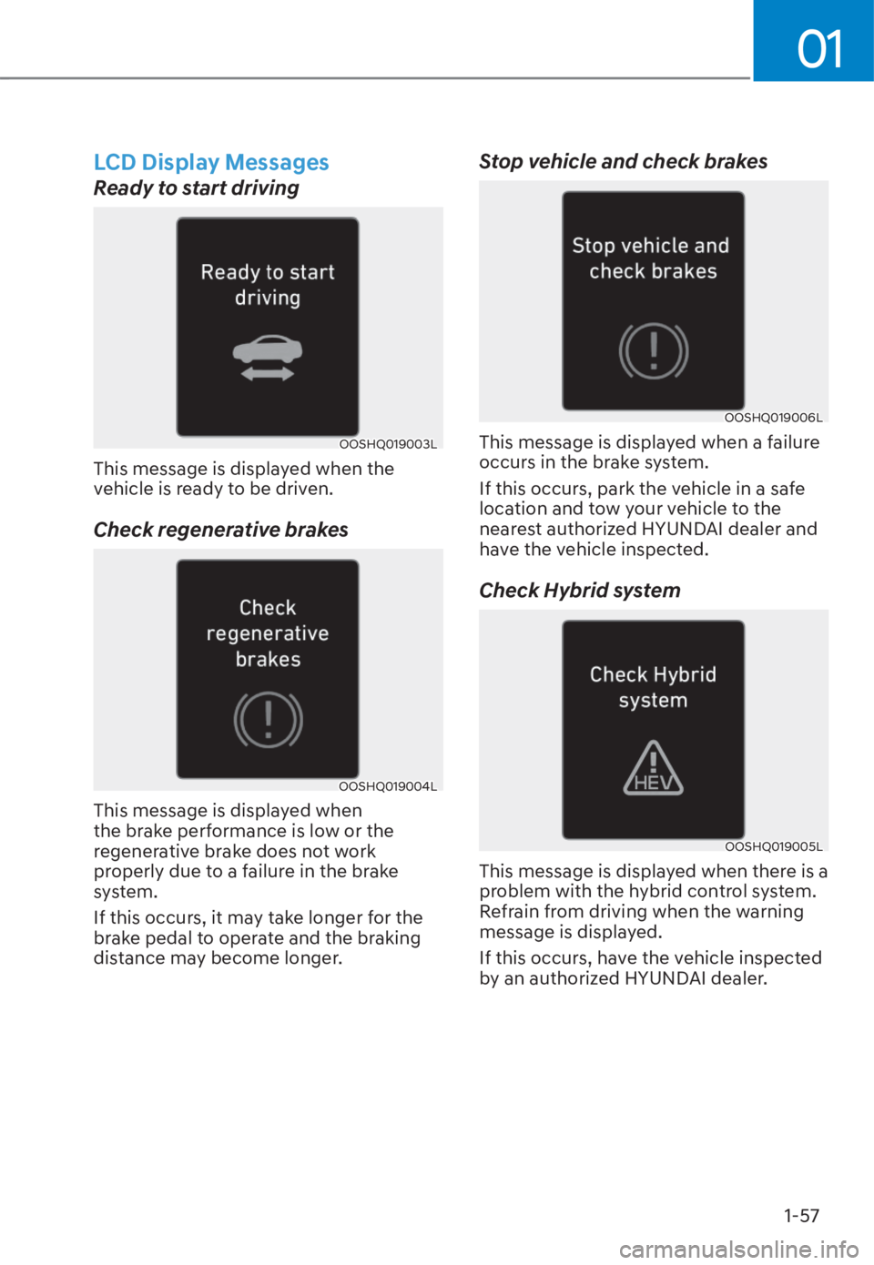 HYUNDAI TUCSON HYBRID 2023 Repair Manual 01
1-57
LCD Display Messages
Ready to start driving
OOSHQ019003LOOSHQ019003L
This message is displayed when the
vehicle is ready to be driven.
Check regenerative brakes
OOSHQ019004LOOSHQ019004L
This HYUNDAI TUCSON HYBRID 2023 Repair Manual 01
1-57
LCD Display Messages
Ready to start driving
OOSHQ019003LOOSHQ019003L
This message is displayed when the
vehicle is ready to be driven.
Check regenerative brakes
OOSHQ019004LOOSHQ019004L
This