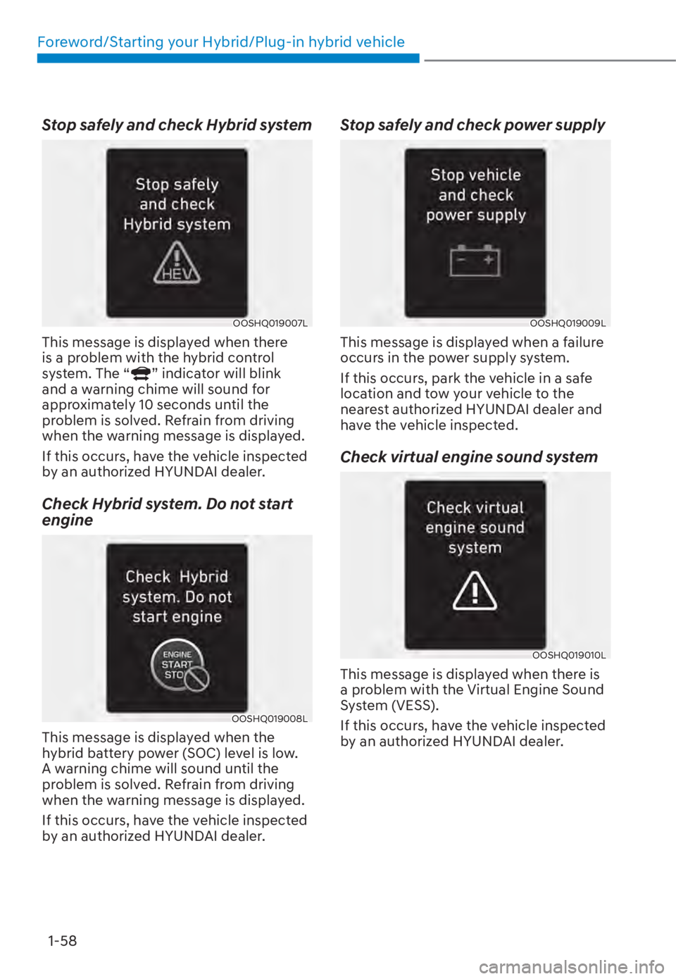 HYUNDAI TUCSON HYBRID 2023 Repair Manual Foreword/Starting your Hybrid/Plug-in hybrid vehicle1-58
Stop safely and check Hybrid system
OOSHQ019007LOOSHQ019007L
This message is displayed when there
is a problem with the hybrid control
system HYUNDAI TUCSON HYBRID 2023 Repair Manual Foreword/Starting your Hybrid/Plug-in hybrid vehicle1-58
Stop safely and check Hybrid system
OOSHQ019007LOOSHQ019007L
This message is displayed when there
is a problem with the hybrid control
system
