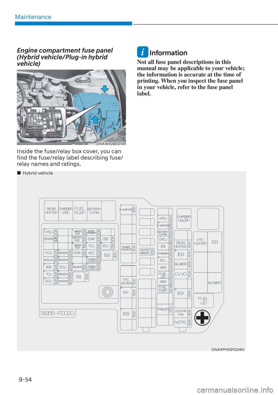 HYUNDAI TUCSON HYBRID 2023  Owners Manual Maintenance9-54
Engine compartment fuse panel 
(Hybrid vehicle/Plug-in hybrid 
vehicle) 
ONX4H090014ONX4H090014
Inside the fuse/relay box cover, you can 
find the fuse/relay label describing fuse/
rel
