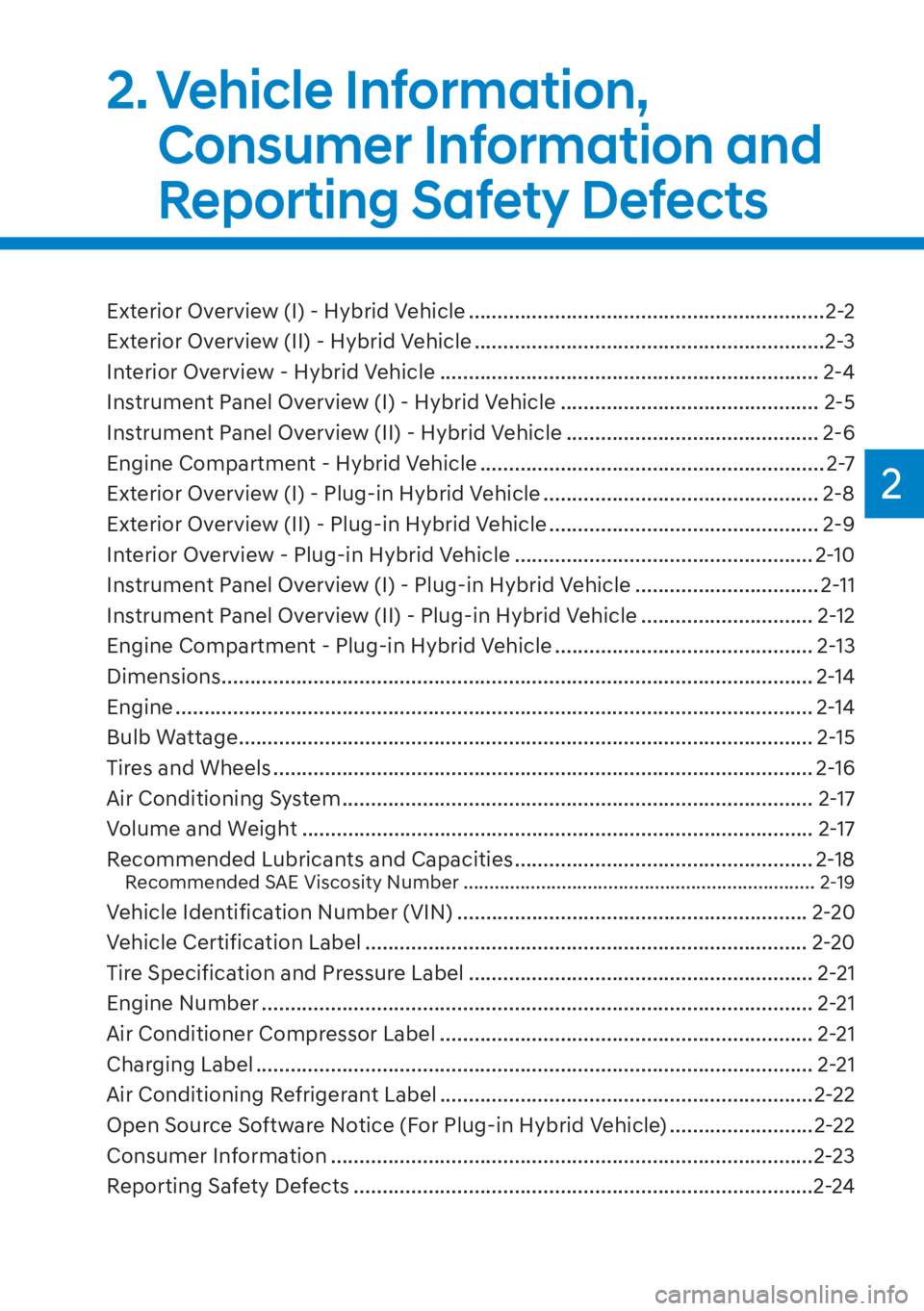 HYUNDAI TUCSON HYBRID 2023 Manual PDF 2
2. Vehicle  Information, Consumer Information and 
Reporting Safety Defects
Exterior Overview (I) - Hybrid Vehicle ..............................................................2-2
Exterior Overview