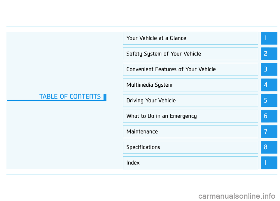 HYUNDAI VELOSTER 2020 User Guide 1
2
3
4
5
6
7
8
I
Your Vehicle at a Glance
Safety System of Your Vehicle
Convenient Features of Your Vehicle
Multimedia System
Driving Your Vehicle
What to Do in an Emergency
Maintenance
Specification HYUNDAI VELOSTER 2020 User Guide 1
2
3
4
5
6
7
8
I
Your Vehicle at a Glance
Safety System of Your Vehicle
Convenient Features of Your Vehicle
Multimedia System
Driving Your Vehicle
What to Do in an Emergency
Maintenance
Specification