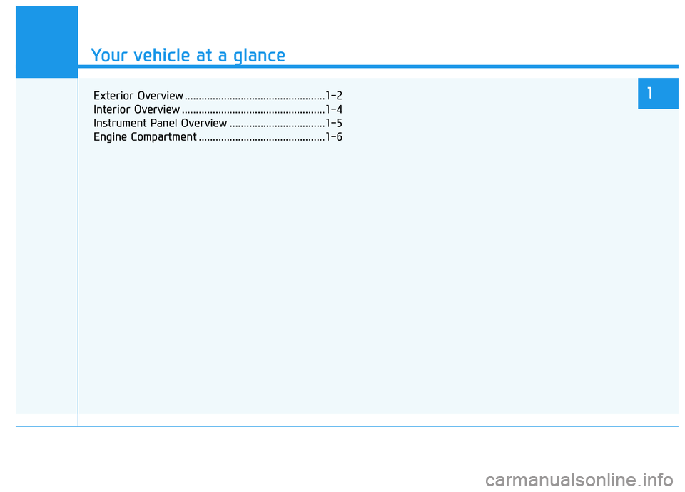 HYUNDAI VELOSTER 2020 User Guide Your vehicle at a glance
1
Your vehicle at a glance
Exterior Overview ..................................................1-2
Interior Overview ...................................................1-4
Ins HYUNDAI VELOSTER 2020 User Guide Your vehicle at a glance
1
Your vehicle at a glance
Exterior Overview ..................................................1-2
Interior Overview ...................................................1-4
Ins