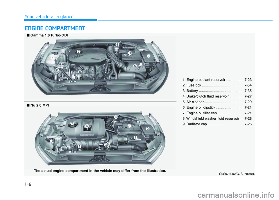 HYUNDAI VELOSTER 2020 User Guide 1-6
Your vehicle at a glance
E EN
NG
GI
IN
NE
E
C
CO
OM
MP
PA
AR
RT
TM
ME
EN
NT
T
1. Engine coolant reservoir ...................7-23
2. Fuse box ...........................................7-54
3. B HYUNDAI VELOSTER 2020 User Guide 1-6
Your vehicle at a glance
E EN
NG
GI
IN
NE
E
C
CO
OM
MP
PA
AR
RT
TM
ME
EN
NT
T
1. Engine coolant reservoir ...................7-23
2. Fuse box ...........................................7-54
3. B