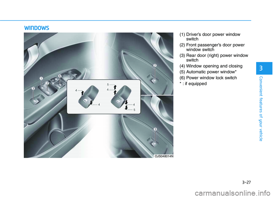 HYUNDAI VELOSTER 2020 Owners Manual 3-27
Convenient features of your vehicle
3
(1) Driver’s door power window
switch
(2) Front passenger’s door power
window switch
(3) Rear door (right) power window
switch
(4) Window opening and clo HYUNDAI VELOSTER 2020 Owners Manual 3-27
Convenient features of your vehicle
3
(1) Driver’s door power window
switch
(2) Front passenger’s door power
window switch
(3) Rear door (right) power window
switch
(4) Window opening and clo