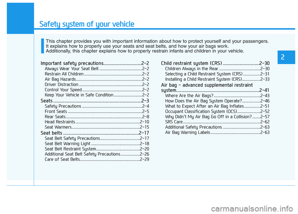 HYUNDAI VELOSTER 2020 User Guide Safety system of your vehicle
Important safety precautions...............................2-2
Always Wear Your Seat Belt ..........................................2-2
Restrain All Children ............ HYUNDAI VELOSTER 2020 User Guide Safety system of your vehicle
Important safety precautions...............................2-2
Always Wear Your Seat Belt ..........................................2-2
Restrain All Children ............