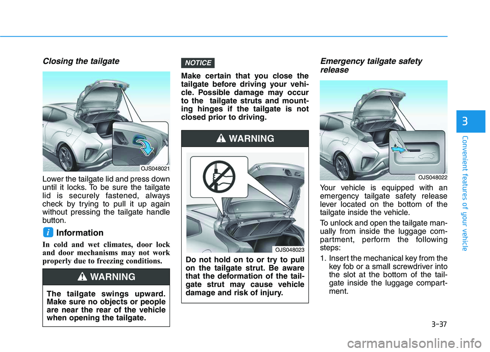 HYUNDAI VELOSTER 2020 Owners Manual 3-37
Convenient features of your vehicle
3
Closing the tailgate
Lower the tailgate lid and press down
until it locks. To be sure the tailgate
lid is securely fastened, always
check by trying to pull i HYUNDAI VELOSTER 2020 Owners Manual 3-37
Convenient features of your vehicle
3
Closing the tailgate
Lower the tailgate lid and press down
until it locks. To be sure the tailgate
lid is securely fastened, always
check by trying to pull i