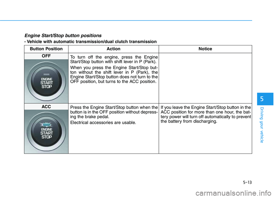 HYUNDAI VELOSTER 2020 Owners Manual 5-13
Driving your vehicle
5
Engine Start/Stop button positions
- Vehicle with automatic transmission/dual clutch transmission
Button Position Action Notice
OFF
To turn off the engine, press the Engin HYUNDAI VELOSTER 2020 Owners Manual 5-13
Driving your vehicle
5
Engine Start/Stop button positions
- Vehicle with automatic transmission/dual clutch transmission
Button Position Action Notice
OFF
To turn off the engine, press the Engin