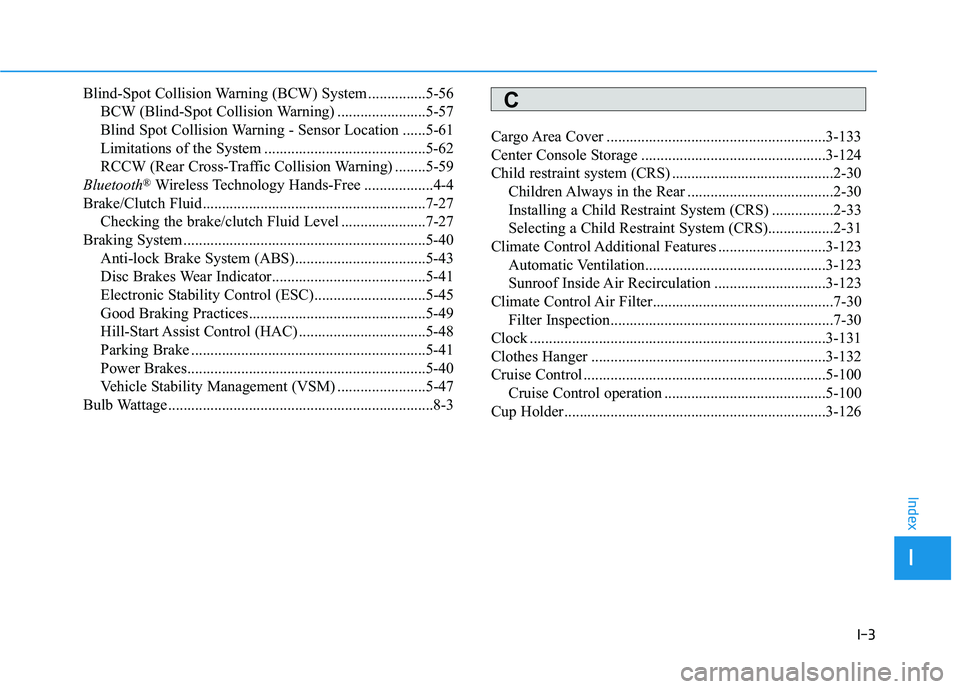 HYUNDAI VELOSTER 2020 Owners Manual I-3
Blind-Spot Collision Warning (BCW) System ...............5-56
BCW (Blind-Spot Collision Warning) .......................5-57
Blind Spot Collision Warning - Sensor Location ......5-61
Limitations o HYUNDAI VELOSTER 2020 Owners Manual I-3
Blind-Spot Collision Warning (BCW) System ...............5-56
BCW (Blind-Spot Collision Warning) .......................5-57
Blind Spot Collision Warning - Sensor Location ......5-61
Limitations o