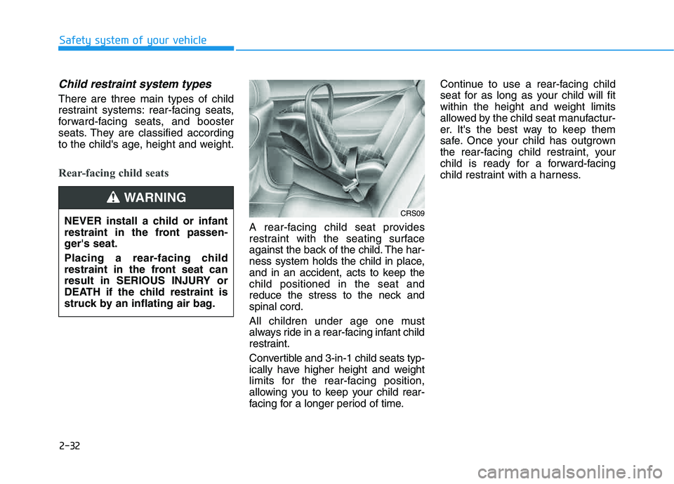 HYUNDAI VELOSTER 2020 Service Manual 2-32
Safety system of your vehicle
Child restraint system types
There are three main types of child
restraint systems: rear-facing seats,
forward-facing seats, and booster
seats. They are classified HYUNDAI VELOSTER 2020 Service Manual 2-32
Safety system of your vehicle
Child restraint system types
There are three main types of child
restraint systems: rear-facing seats,
forward-facing seats, and booster
seats. They are classified