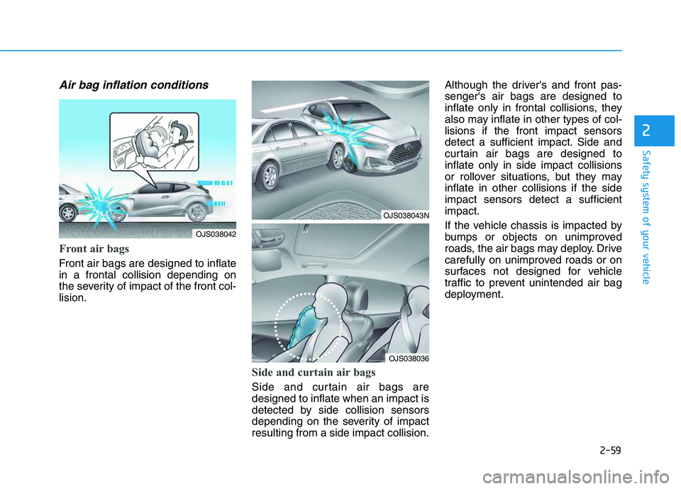 HYUNDAI VELOSTER 2020 Manual PDF 2-59
Safety system of your vehicle
2
Air bag inflation conditions
Front air bags
Front air bags are designed to inflate
in a frontal collision depending on
the severity of impact of the front col-
l HYUNDAI VELOSTER 2020 Manual PDF 2-59
Safety system of your vehicle
2
Air bag inflation conditions
Front air bags
Front air bags are designed to inflate
in a frontal collision depending on
the severity of impact of the front col-
l