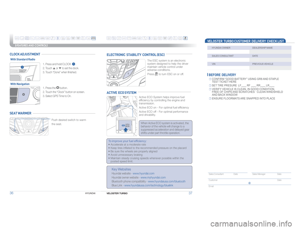 HYUNDAI VELOSTER 2016 User Guide VELOSTER TURBO 37FEATURES AND CONTROLS
36
HYUNDAI   ☐      CONFIRM “GOOD BATTERY” USING GR8 AND STAPLE  
TEST TICKET HERE
☐     SET TIRE PRESURE  LF         RF          RR         LR        
