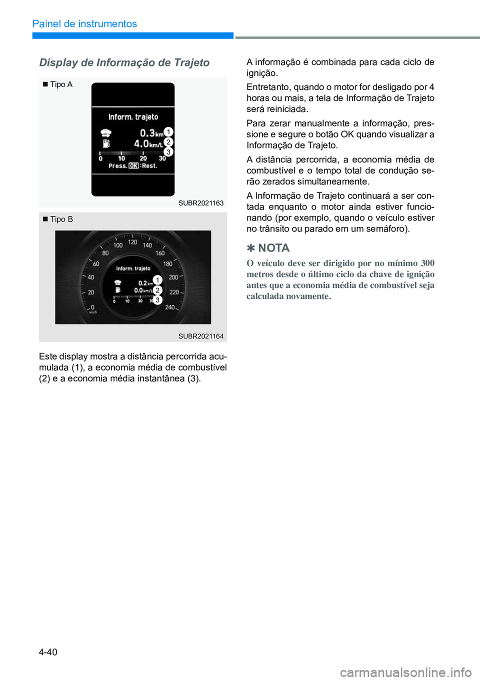 HYUNDAI CRETA 2021 Manual de utilização (in Portuguese) 4-40
Painel de instrumentos
SUBR2021163
SUBR2021164
Display de Informação de Trajeto
Este display mostra a distância percorrida acu-
mulada (1), a economia média de combustível
(2) e a economia HYUNDAI CRETA 2021 Manual de utilização (in Portuguese) 4-40
Painel de instrumentos
SUBR2021163
SUBR2021164
Display de Informação de Trajeto
Este display mostra a distância percorrida acu-
mulada (1), a economia média de combustível
(2) e a economia