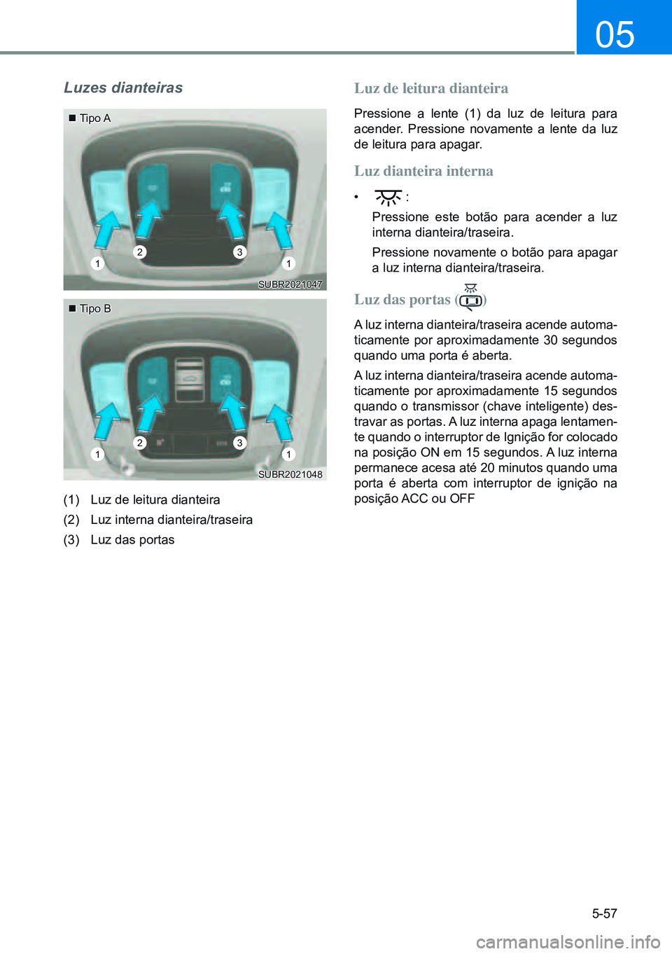 HYUNDAI CRETA 2021 Manual de utilização (in Portuguese) 5-57
05
Luzes dianteiras
(1) Luz de leitura dianteira
(2) Luz interna dianteira/traseira
(3) Luz das portas
Luz de leitura dianteira
Pressione a lente (1) da luz de leitura para
acender. Pressione HYUNDAI CRETA 2021 Manual de utilização (in Portuguese) 5-57
05
Luzes dianteiras
(1) Luz de leitura dianteira
(2) Luz interna dianteira/traseira
(3) Luz das portas
Luz de leitura dianteira
Pressione a lente (1) da luz de leitura para
acender. Pressione