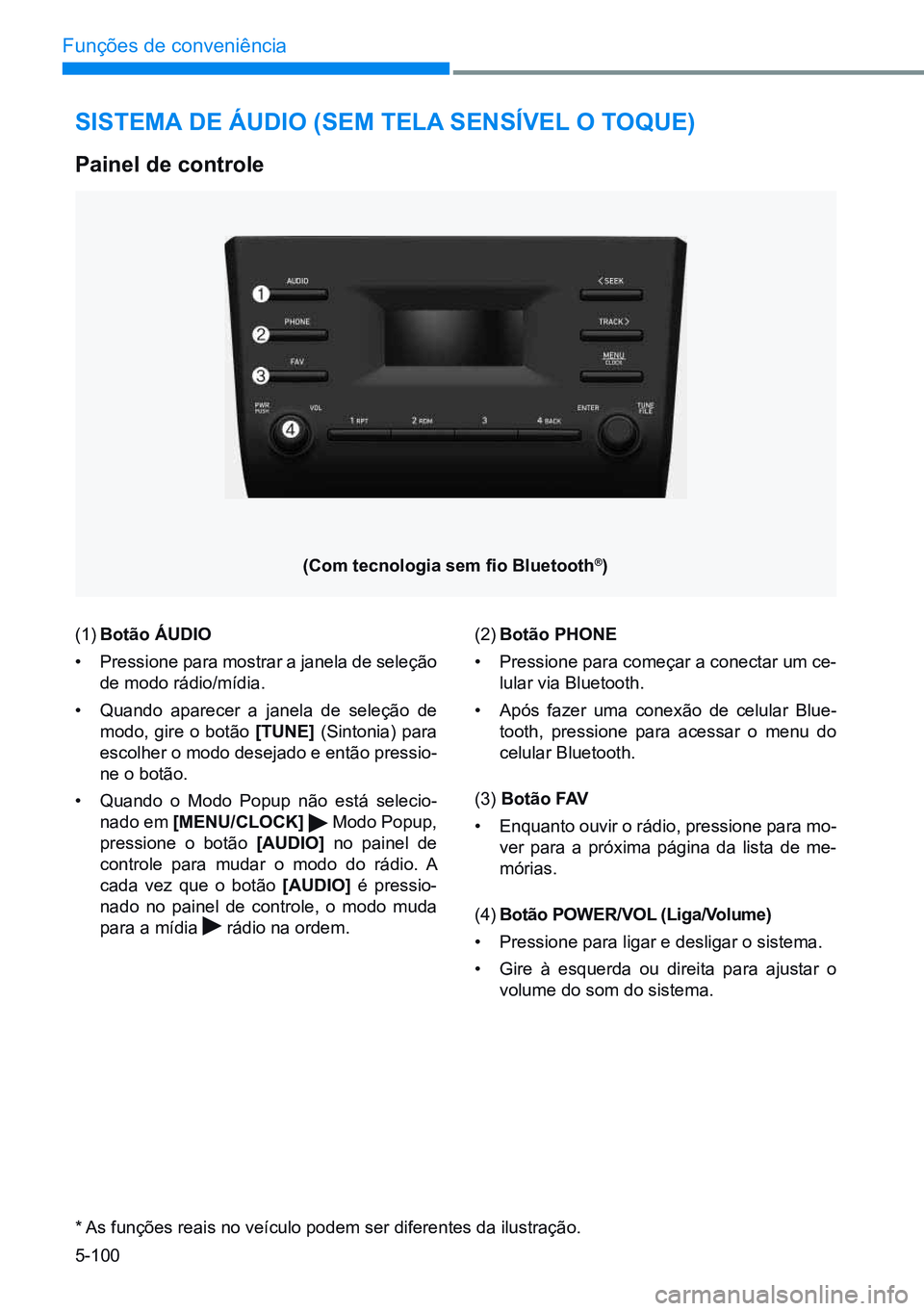 HYUNDAI CRETA 2021  Manual de utilização (in Portuguese) 5-100
Funções de conveniência
sisTeMA de áudio (seM TelA  sensível o Toque)
(1) Botão áudio
•  Pressione para mostrar a janela de seleção 
de modo rádio/mídia.
•  Quando aparecer a jane