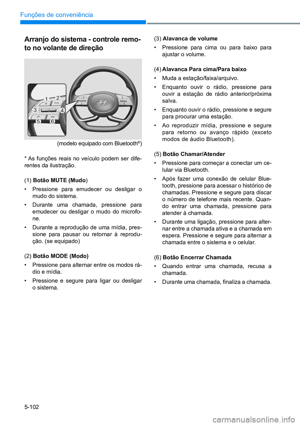 HYUNDAI CRETA 2021  Manual de utilização (in Portuguese) 5-102
Funções de conveniência
Arranjo do sistema - controle remo-
to no volante de direção 
(modelo equipado com Bluetooth®)
* As funções reais no veículo podem ser dife-
rentes da ilustraç