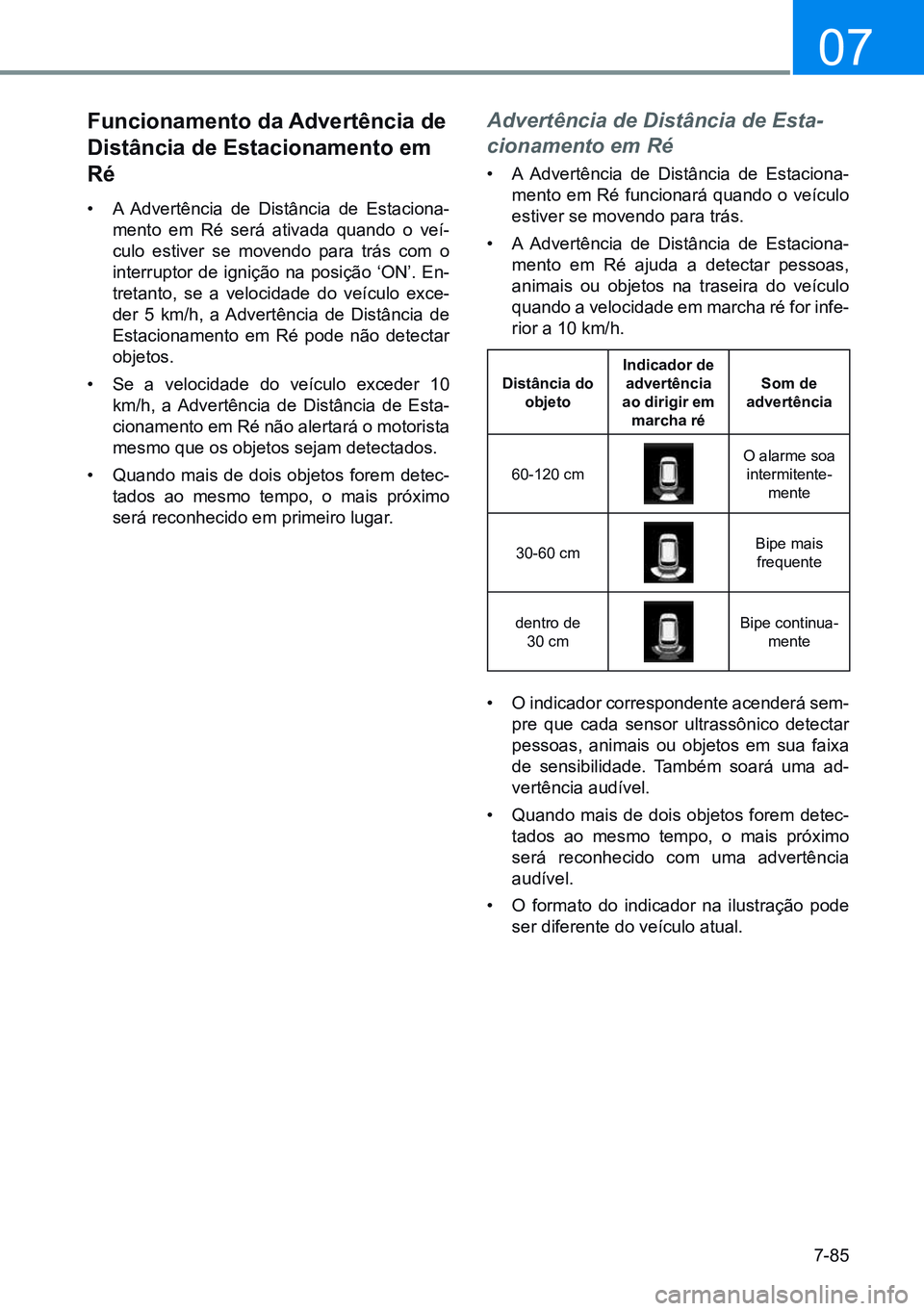 HYUNDAI CRETA 2021 Manual de utilização (in Portuguese) 7-85
07
Funcionamento da advertência de
distância de estacionamento em
ré
• A Advertência de Distância de Estaciona -
mento em Ré será ativada quando o veí-
culo estiver se movendo para t HYUNDAI CRETA 2021 Manual de utilização (in Portuguese) 7-85
07
Funcionamento da advertência de
distância de estacionamento em
ré
• A Advertência de Distância de Estaciona -
mento em Ré será ativada quando o veí-
culo estiver se movendo para t