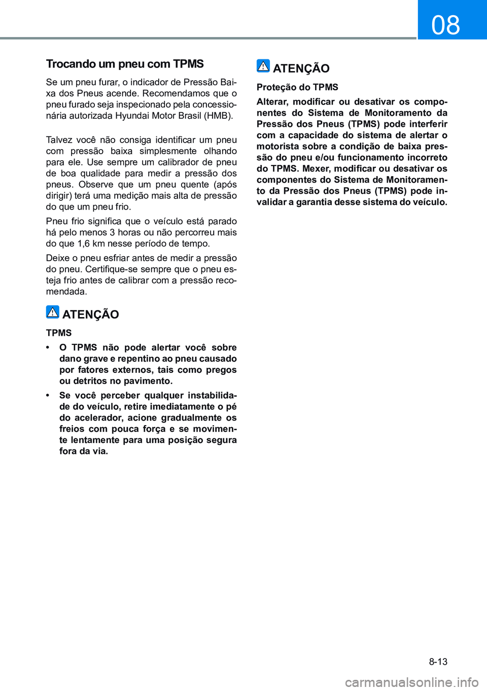 HYUNDAI CRETA 2021 Manual de utilização (in Portuguese) 8-13
08
trocando um pneu com tpMs
Se um pneu furar, o indicador de Pressão Bai-
xa dos Pneus acende. Recomendamos que o
pneu furado seja inspecionado pela concessio -
nária autorizada Hyundai Motor HYUNDAI CRETA 2021 Manual de utilização (in Portuguese) 8-13
08
trocando um pneu com tpMs
Se um pneu furar, o indicador de Pressão Bai-
xa dos Pneus acende. Recomendamos que o
pneu furado seja inspecionado pela concessio -
nária autorizada Hyundai Motor