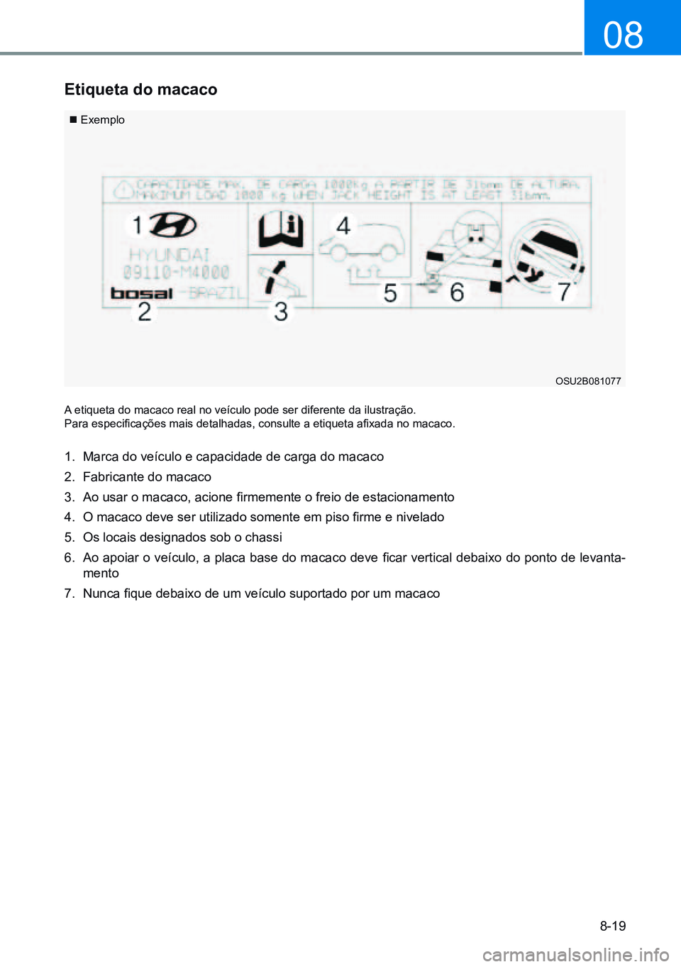 HYUNDAI CRETA 2021 Manual de utilização (in Portuguese) 8-19
08
etiqueta do macaco
Exemplo
A etiqueta do macaco real no veículo pode ser diferente da ilustração.
Para especificações mais detalhadas, consulte a etiqueta afixada no macaco.
1. Marca HYUNDAI CRETA 2021 Manual de utilização (in Portuguese) 8-19
08
etiqueta do macaco
Exemplo
A etiqueta do macaco real no veículo pode ser diferente da ilustração.
Para especificações mais detalhadas, consulte a etiqueta afixada no macaco.
1. Marca