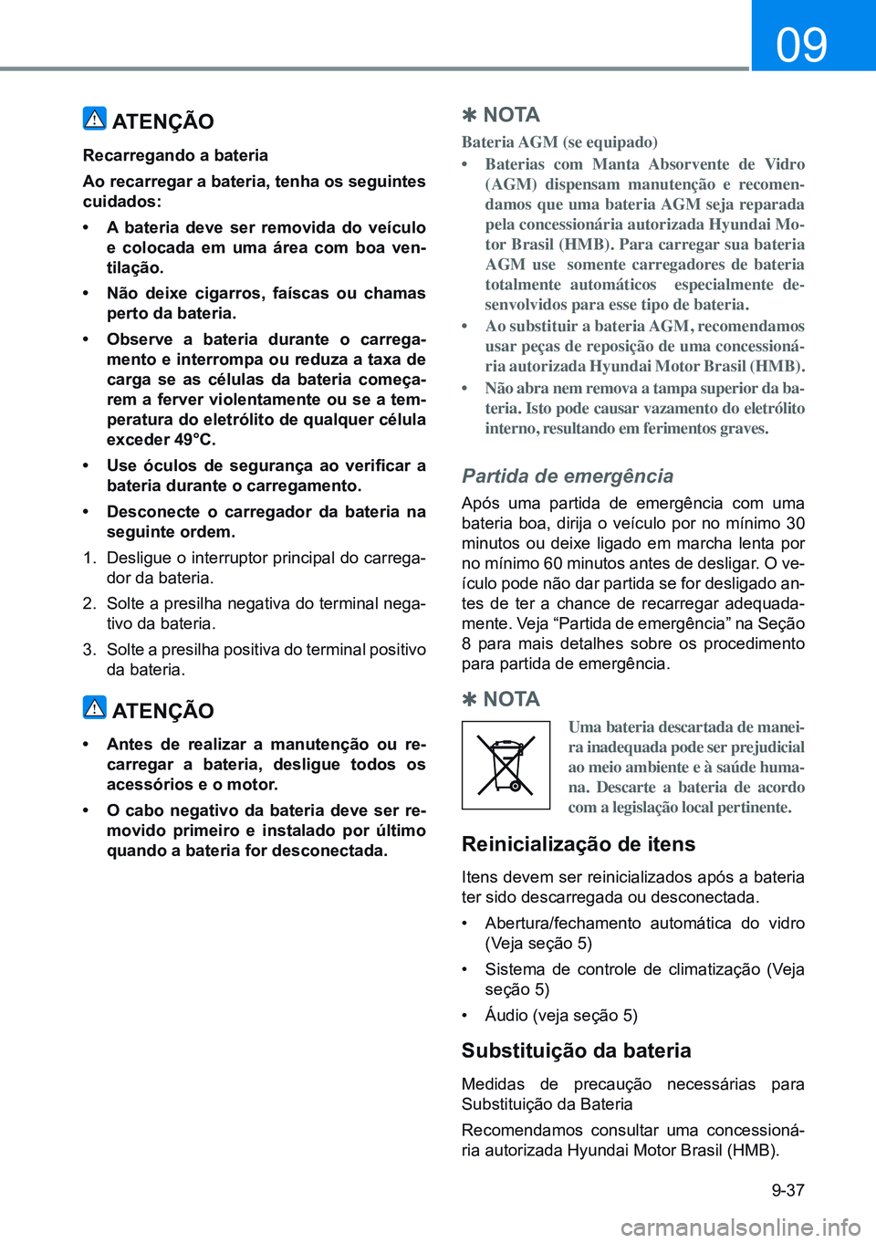 HYUNDAI CRETA 2021 Manual de utilização (in Portuguese) 9-37
09
atenÇÃo
recarregando a bateria
ao recarregar a bateria, tenha os seguintes
cuidados:
• a bateria deve ser removida do veículo
e colocada em uma área com boa ven-
tilação.
• não d HYUNDAI CRETA 2021 Manual de utilização (in Portuguese) 9-37
09
atenÇÃo
recarregando a bateria
ao recarregar a bateria, tenha os seguintes
cuidados:
• a bateria deve ser removida do veículo
e colocada em uma área com boa ven-
tilação.
• não d