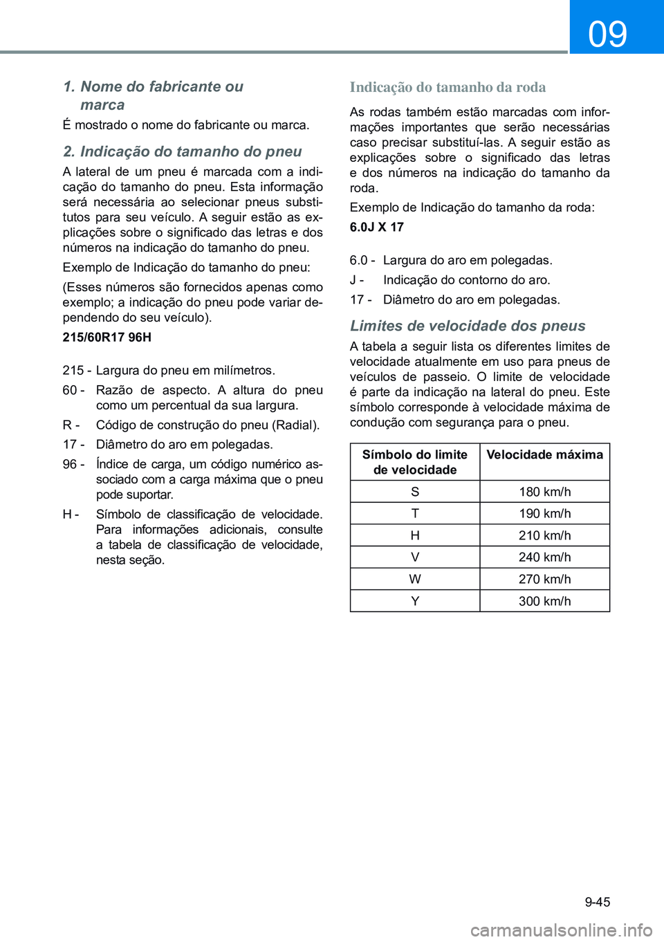 HYUNDAI CRETA 2021 Manual de utilização (in Portuguese) 9-45
09
1. Nome do fabricante ou
marca
É mostrado o nome do fabricante ou marca.
2. Indicação do tamanho do pneu
A lateral de um pneu é marcada com a indi -
cação do tamanho do pneu. Esta in HYUNDAI CRETA 2021 Manual de utilização (in Portuguese) 9-45
09
1. Nome do fabricante ou
marca
É mostrado o nome do fabricante ou marca.
2. Indicação do tamanho do pneu
A lateral de um pneu é marcada com a indi -
cação do tamanho do pneu. Esta in