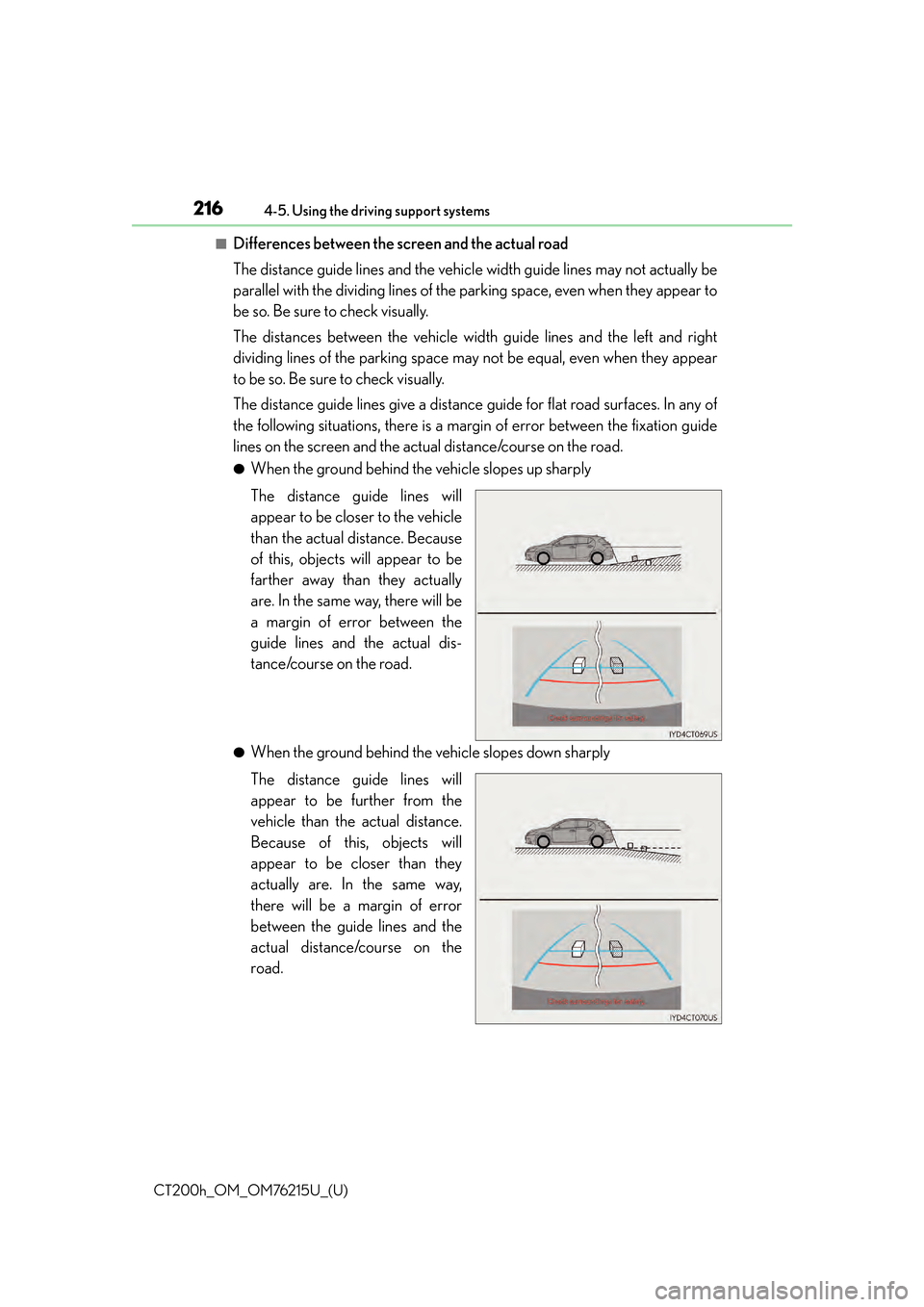 Lexus CT200h 2017 Owners Manual (in English) 216
CT200h_OM_OM76215U_(U)4-5. Using the driving support systems
■Differences between the screen and the actual road
The distance guide lines and the vehicl
e width guide lines may not actually be
p Lexus CT200h 2017 Owners Manual (in English) 216
CT200h_OM_OM76215U_(U)4-5. Using the driving support systems
■Differences between the screen and the actual road
The distance guide lines and the vehicl
e width guide lines may not actually be
p