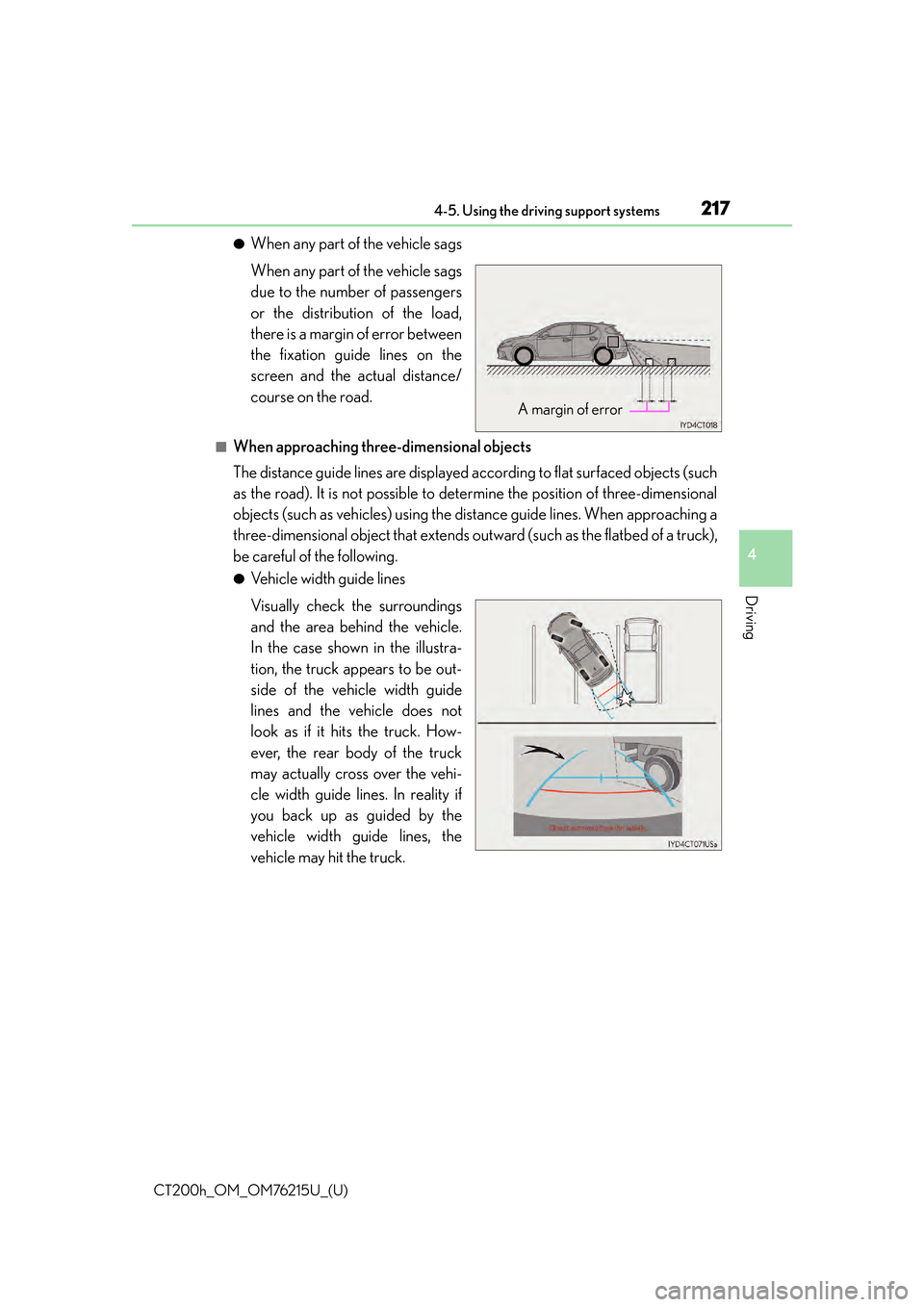 Lexus CT200h 2017 Owners Manual (in English) CT200h_OM_OM76215U_(U)
2174-5. Using the driving support systems
4
Driving
●When any part of the vehicle sags
When any part of the vehicle sags
due to the number of passengers
or the distribution of Lexus CT200h 2017 Owners Manual (in English) CT200h_OM_OM76215U_(U)
2174-5. Using the driving support systems
4
Driving
●When any part of the vehicle sags
When any part of the vehicle sags
due to the number of passengers
or the distribution of