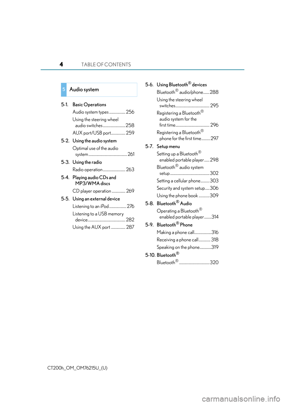 Lexus CT200h 2017  Owners Manual (in English) TABLE OF CONTENTS4
CT200h_OM_OM76215U_(U)
5-1. Basic OperationsAudio system types .................. 256
Using the steering wheel audio switches ......................... 258
AUX port/USB port........